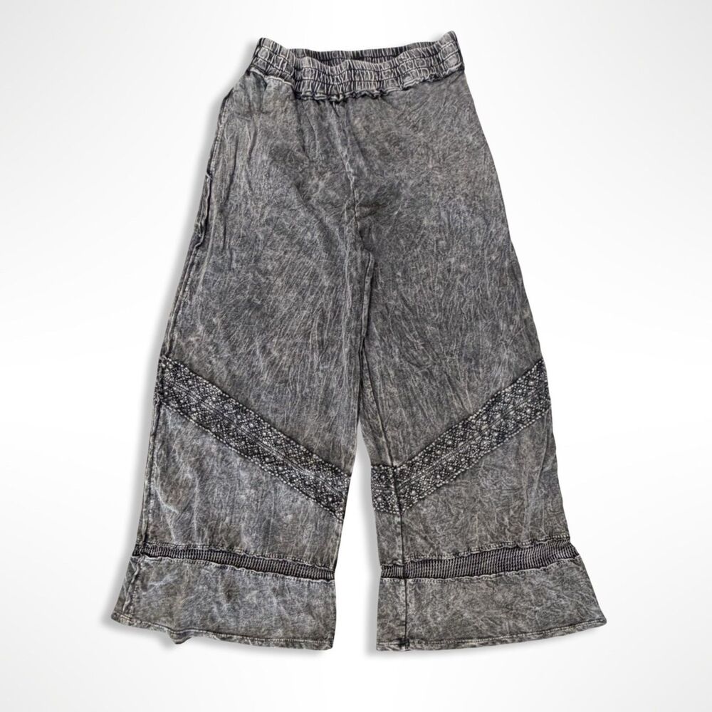 Gray Mineral Wash Wide-Leg Lounge Pants w Embellishment, M, Boho Grunge